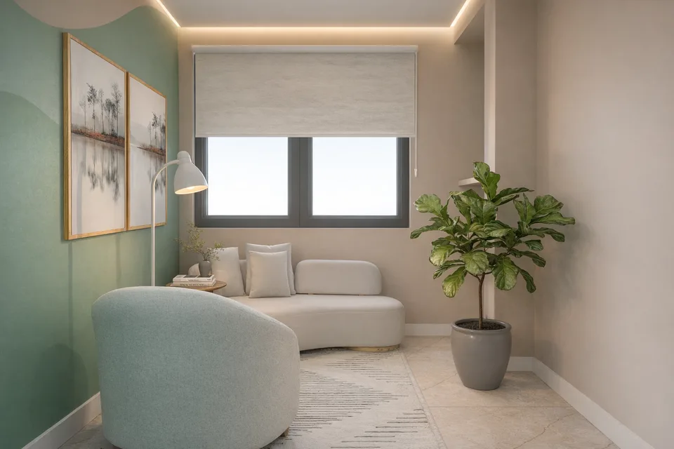 Espaço Acolher: vista da janela com luz natural e poltrona de leitura.