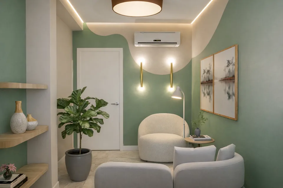 Espaço Acolher: nichos de madeira e detalhe da parede verde.