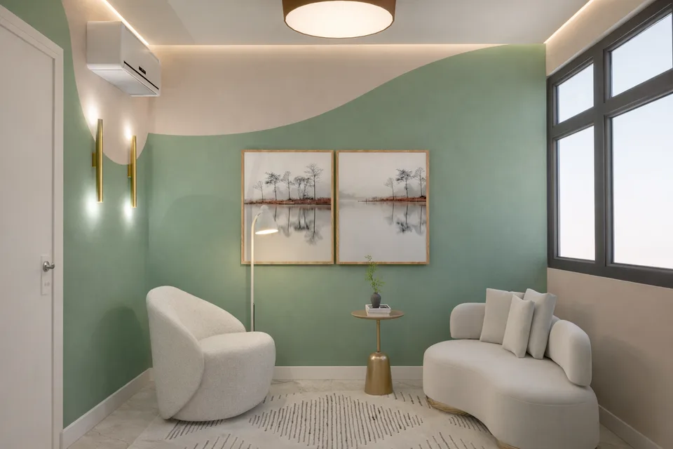 Espaço Acolher: vista geral da sala com arandelas douradas.