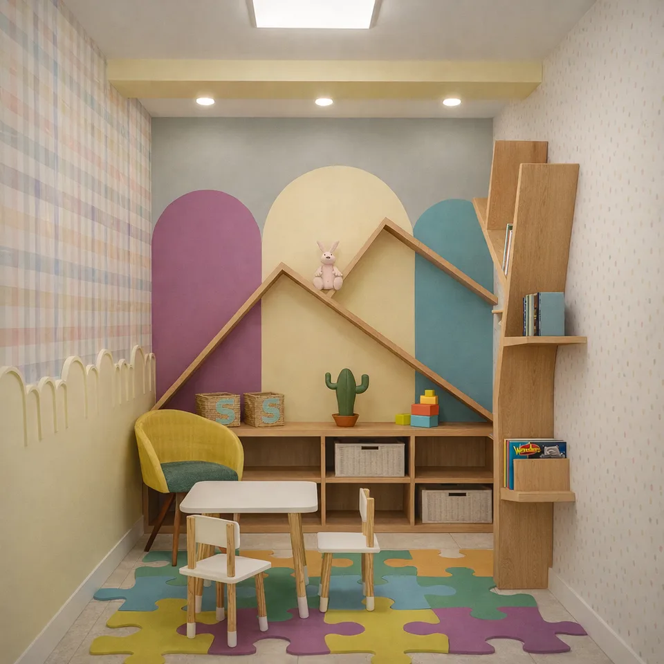 Espaço Aquarela: parede com arcos coloridos, prateleiras de brinquedos e mesa infantil.