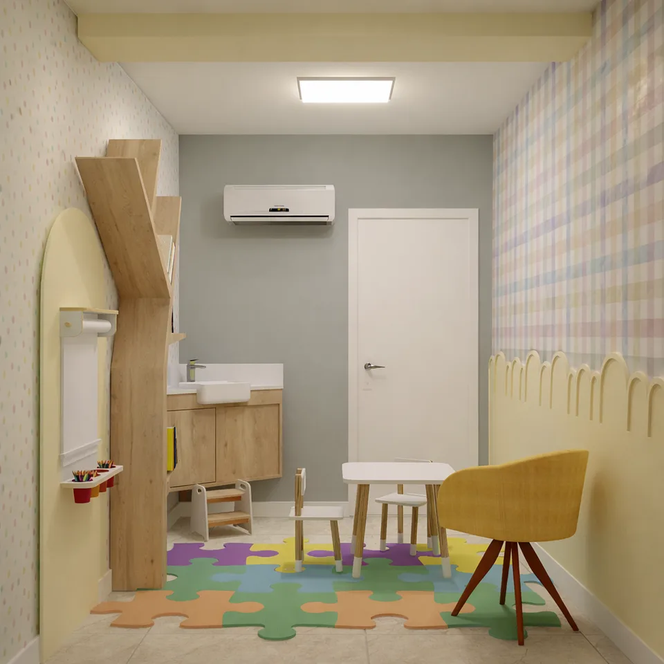 Espaço Aquarela: bancada de apoio com cestos organizadores e cadeira amarela.