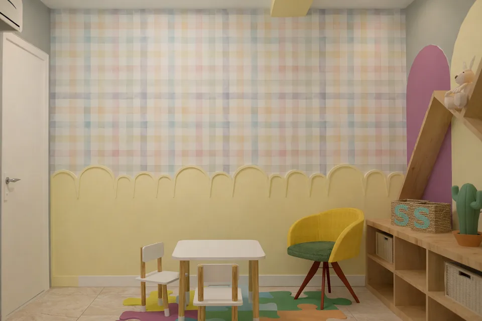 Espaço Aquarela: vista geral da sala infantil com papel de parede de bolinhas.