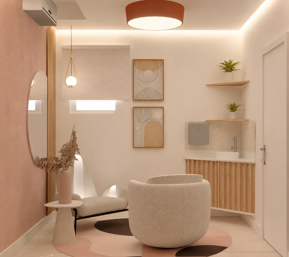 Espaço Conexão: detalhe da poltrona bouclé e mesa lateral.