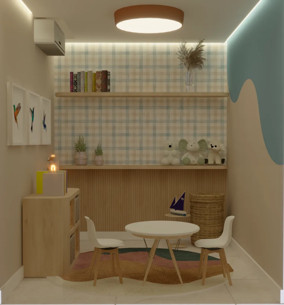 Espaço Criativo: prateleiras com livros infantis e parede quadriculada.