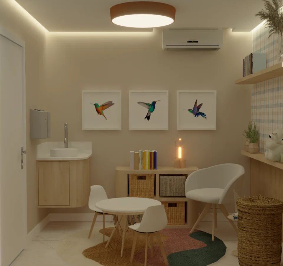 Espaço Criativo: lavatório com bancada, quadros de beija-flores e mesa redonda com cadeiras infantis.