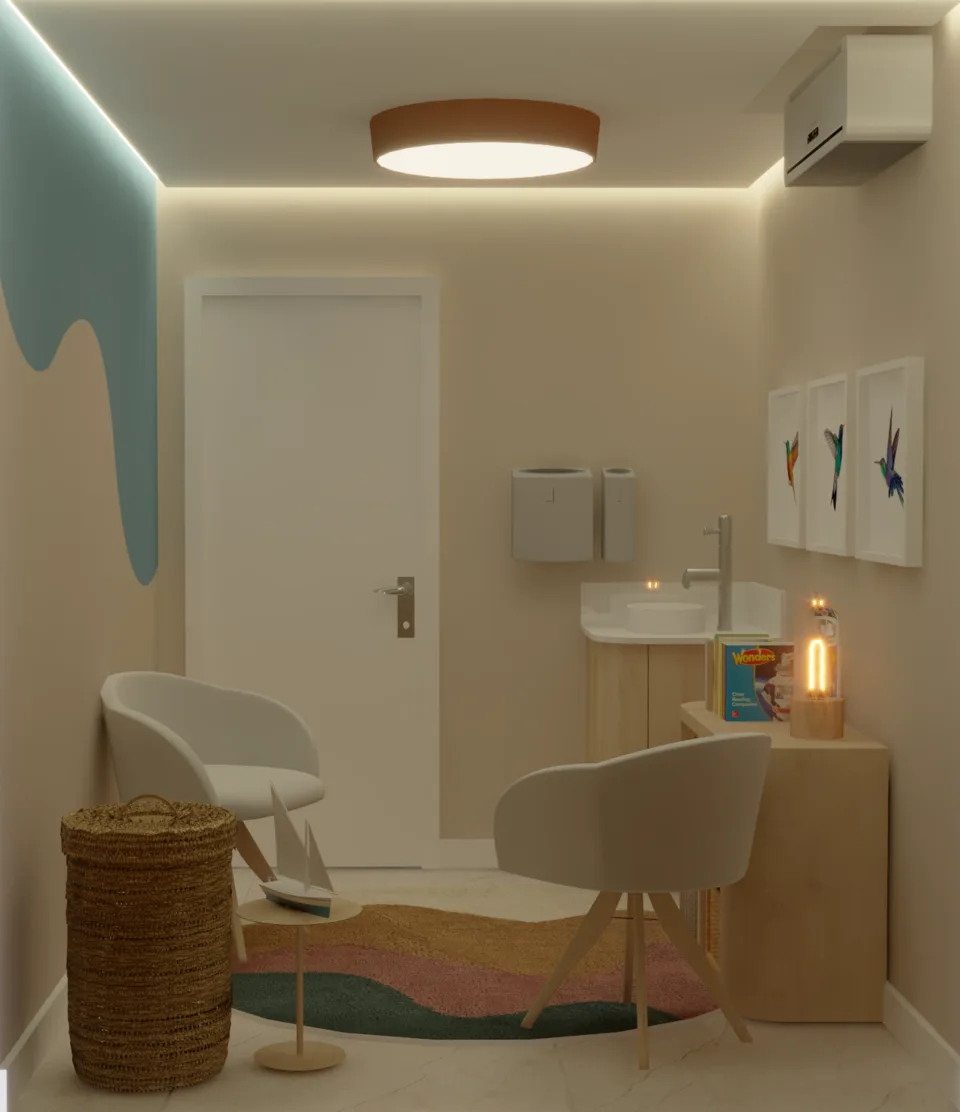 Espaço Criativo: detalhe da estante com brinquedos e cesto de palha.