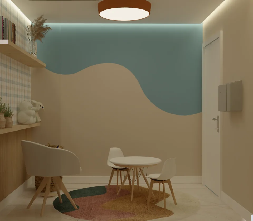Espaço Criativo: vista geral da sala com iluminação indireta no forro.
