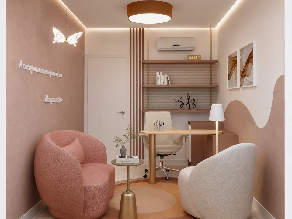 Espaço Florescer: parede rosé texturizada com luminária pendente em forma de borboleta.