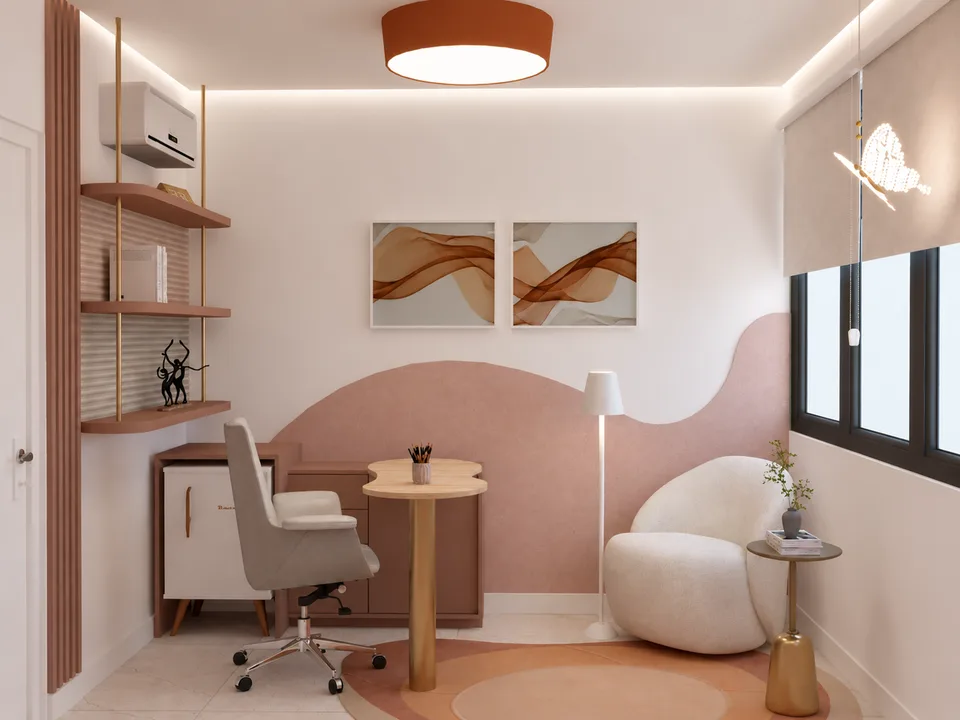 Espaço Florescer: detalhe do gaveteiro e da bancada de apoio.