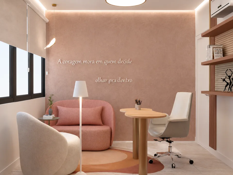 Espaço Florescer: vista geral da sala com quadros e luz indireta.